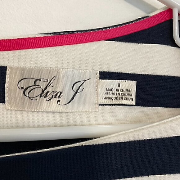 ELIZA J Navy Blue White Striped Square Neck 3/4 Sleeve Mini Fit & Flare Dress 8 - Picture 3 of 12